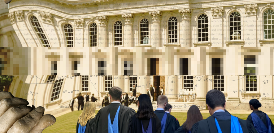 This image shows a large white, traditional, old building. The top half of the building represents the humanities (which is symbolised by the embedded text from classic literature which is faintly shown ontop the building). The bottom section of the build